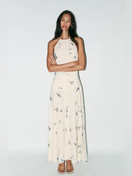 Zara Dresses & Skirts - Zara Cream Open-back Halter Maxi Dress with Butterfly Print. M NWT